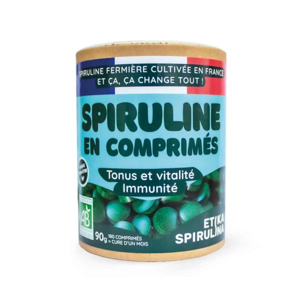 Pot de 90g de comprimés de spiruline bio française Etika Spirulina, complément alimentaire naturel